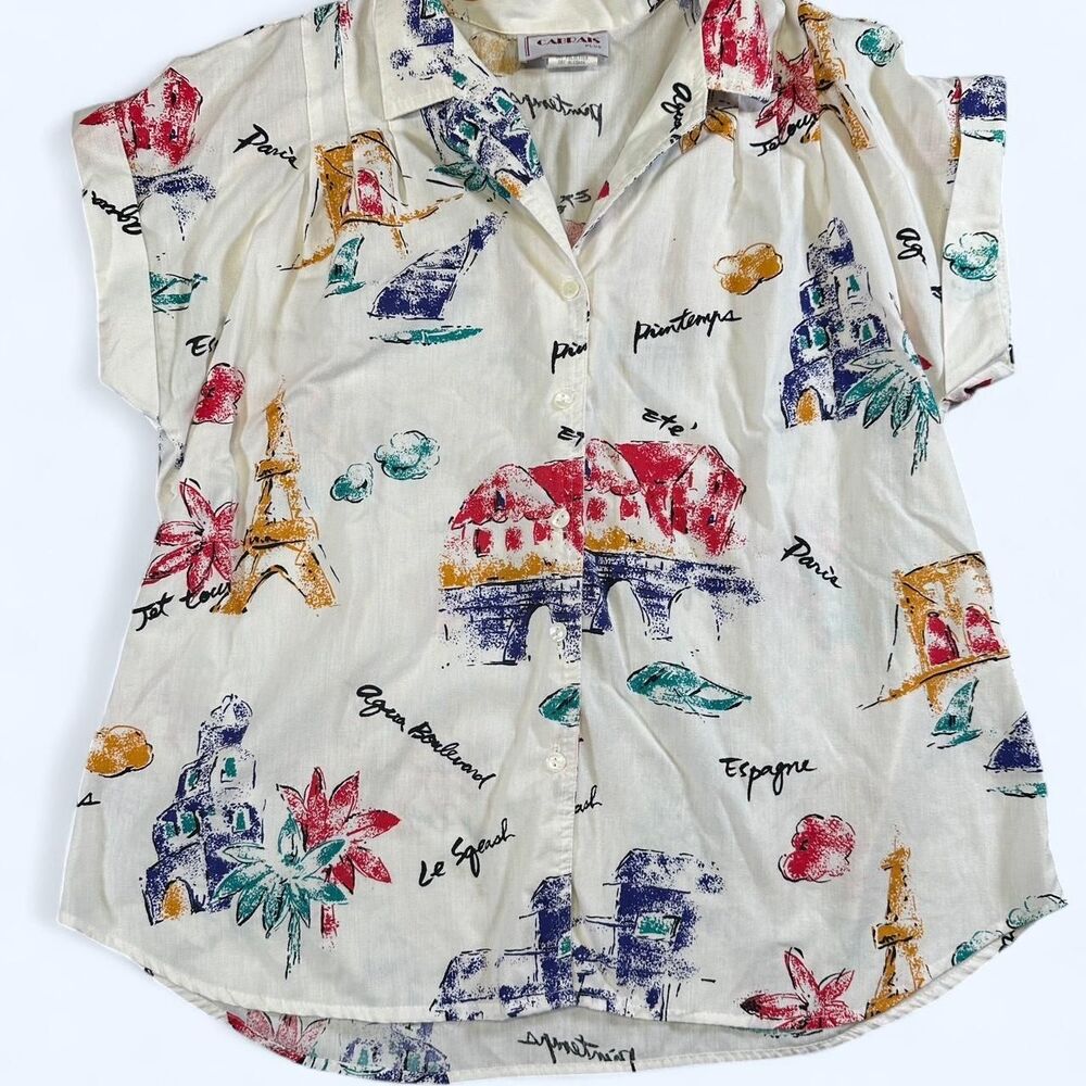 VTG Cabrais Plus Paris Travel Print Button-Up Shirt Size 18